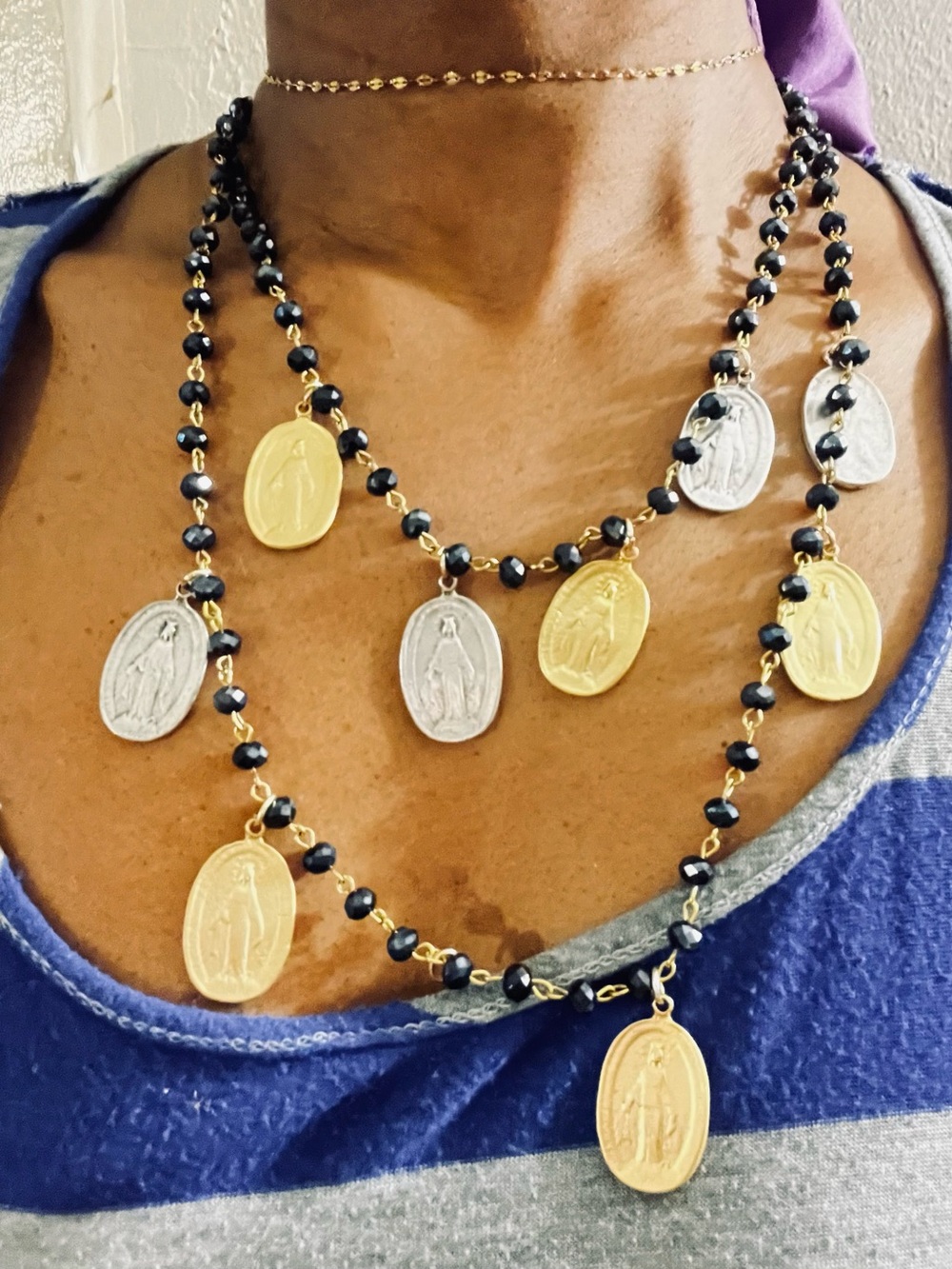 Gold & Silver Medal Rosary Necklace with Black Beads - Women's Jewelry